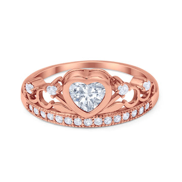 Heart Crown Eternity Ring Rose Tone, Simulated Cubic Zirconia 925 Sterling Silver